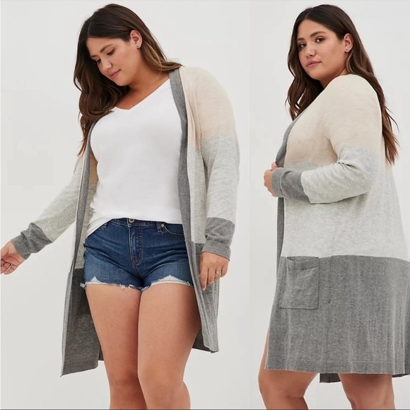 Torrid Longline Open Front Cardigan Color block Stripes Size 2 NEW - Picture 1 of 4